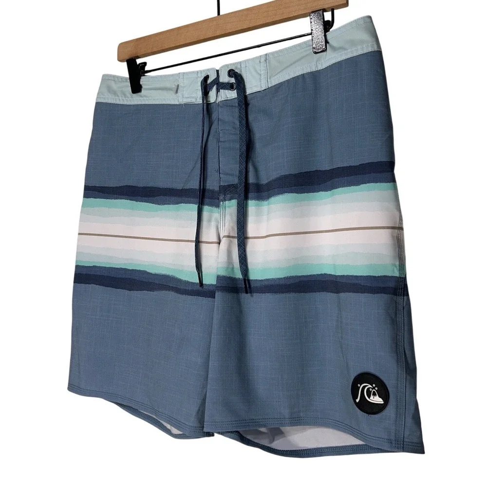Quiksilver Highline‎ Board Shorts Swim Trunks Blue Turquoise Striped Size 32 EUC